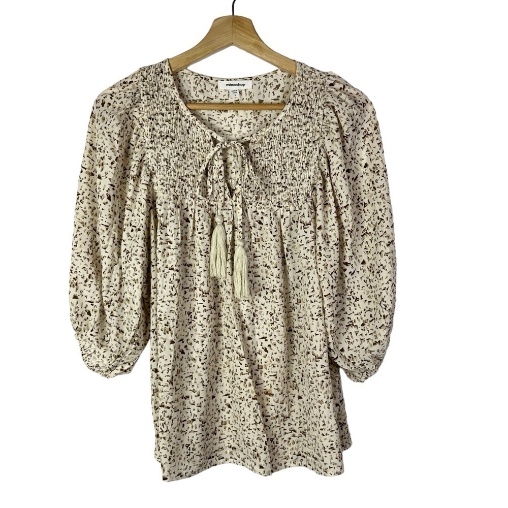 Mittoshop White & Beige Printed Smocked Bust Long Sleeve‎ Blouse S